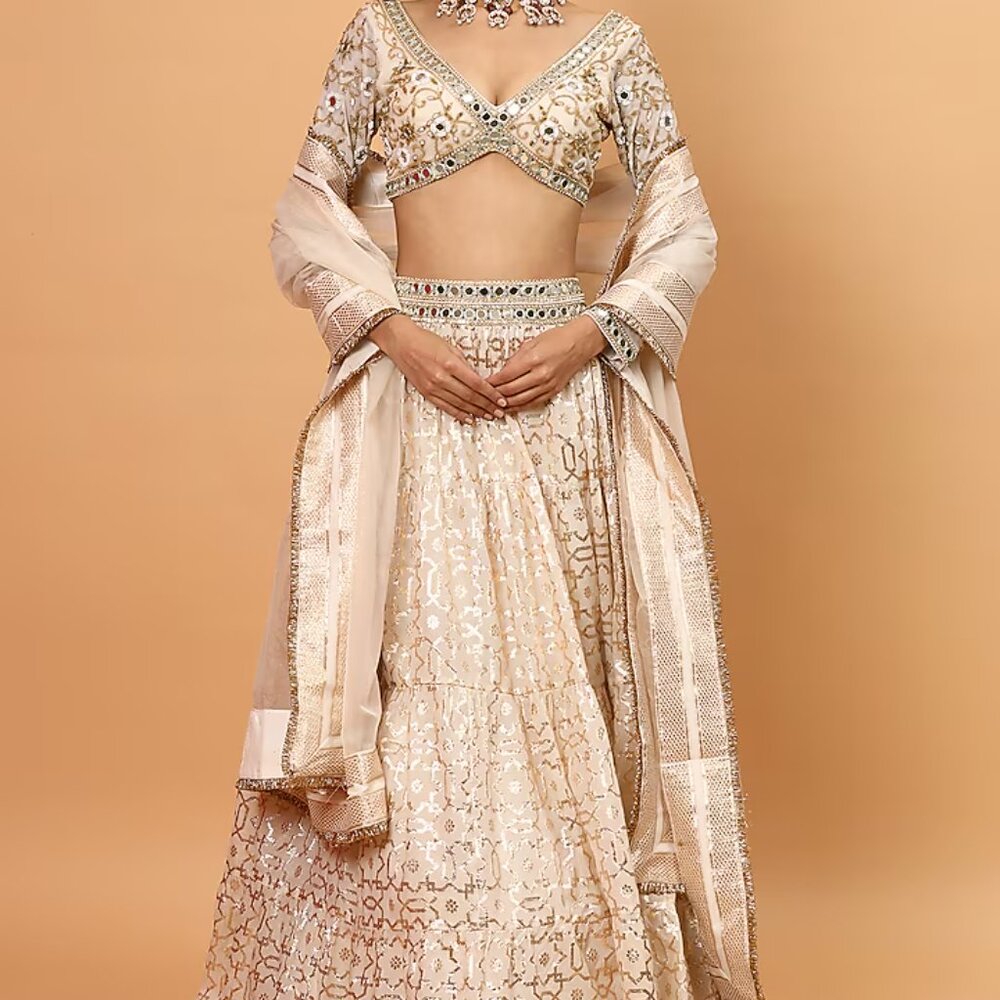 Neha Khullar Chanderi Silk Embroidered Lehenga Set: Customized in PEACH - Picture 3 of 8